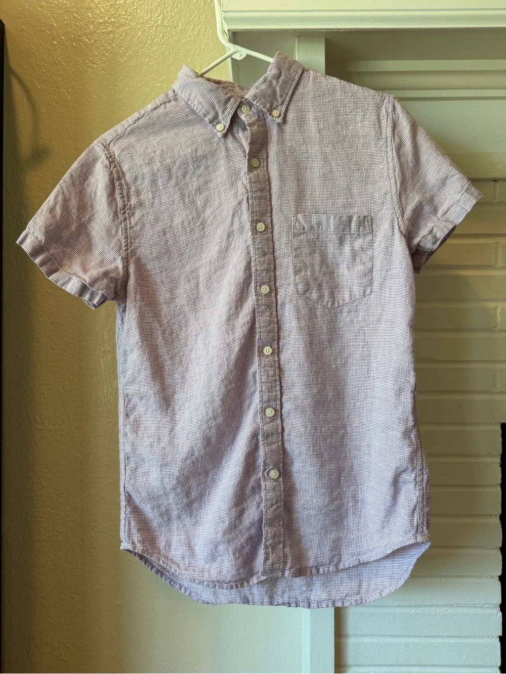 J.Crew Linen Blend Short Sleeve Button Down Shirt Purple Gingham Size Small